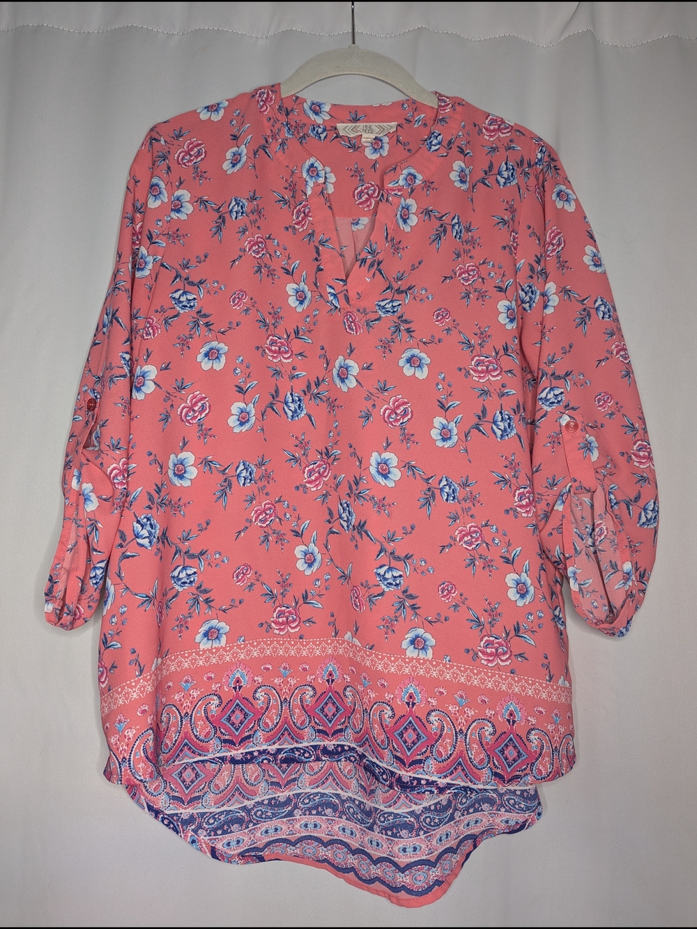 Pink Rose Coral Floral Split-Neck Tunic